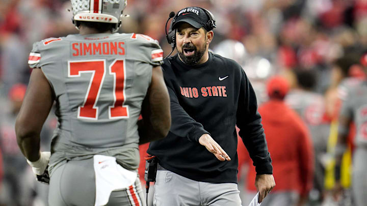 Nov 11, 2023; Columbus, Ohio, USA; OSU Head Coach Ryan Day cheers Ohio State Buckeyes offensive lineman Josh Simmons (71) as he returns to the bench during the NCAA football game against Michigan State University at Ohio Stadium. Nov 11, 2023; Columbus, Ohio, USA; OSU Head Coach Ryan Day cheers Ohio State Buckeyes offensive lineman Josh Simmons (71) as he returns to the bench during the NCAA football game against Michigan State University at Ohio Stadium.