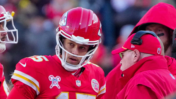 Dec 21, 2024; Kansas City, Missouri, USA; Kansas City Chiefs quarterback Patrick Mahomes (15) talks with head coach Andy Reid during the second half against the Houston Texans at GEHA Field at Arrowhead Stadium. Mandatory Credit: Denny Medley-Imagn Images Dec 21, 2024; Kansas City, Missouri, USA; Kansas City Chiefs quarterback Patrick Mahomes (15) talks with head coach Andy Reid during the second half against the Houston Texans at GEHA Field at Arrowhead Stadium. Mandatory Credit: Denny Medley-Imagn Images