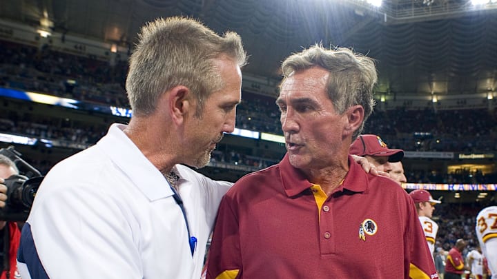 Sep 26, 2010; St. Louis, MO, USA; Washington Redskins head coach Mike Shanahan congratualtes St. Louis Rams head coach Steve Spagnuolo after the game at the Edward Jones Dome. The Rams defeated the Redskins 30-16. Mandatory Credit: Photo by Scott Rovak-Imagn Images
