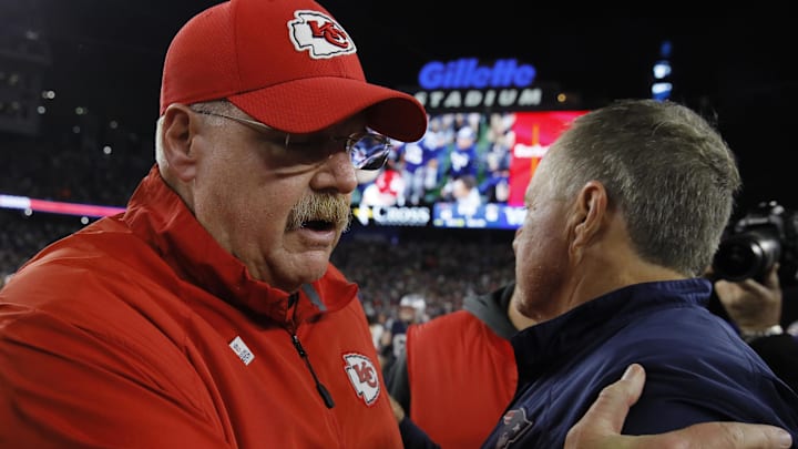 Oct 14, 2018; Foxborough, MA, USA; Kansas City Chiefs head coach Andy Reid meets New England Patriots head coach Bill Belichick after the game at Gillette Stadium. The Patriots defeated Kansas City 43-40. Mandatory Credit: David Butler II-Imagn Images