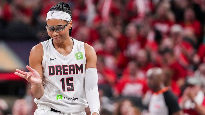 Atlanta Dream guard Allisha Gray (15) shrugs off an airball Tuesday, Sept. 16, 2025, during Game 2 of a WNBA playoff matchup between the Indiana Fever and the Atlanta Dream at Gainbridge Fieldhouse in Indianapolis. The Indiana Fever defeated the Atlanta Dream, 77-60.