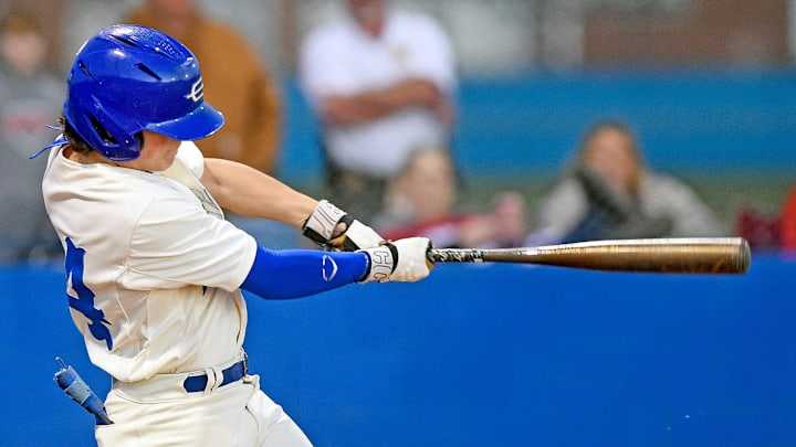 Etowah High School's Damon Devine connects on a pitch during high school baseball action against Collinsville in Attalla, Alabama February 25, 2025. Etowah High School's Damon Devine connects on a pitch during high school baseball action against Collinsville in Attalla, Alabama February 25, 2025.