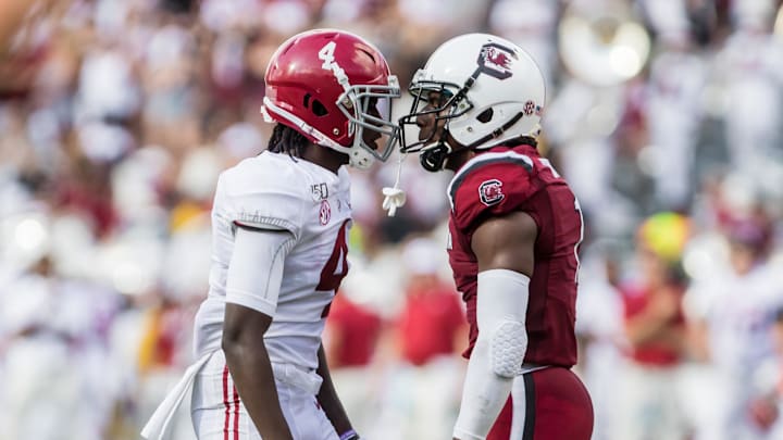 Sep 14, 2019; Columbia, SC, USA; Alabama Crimson Tide wide receiver Jerry Jeudy (4) and South Carolina Gamecocks defensive back Jaycee Horn (1) exchange words at Williams-Brice Stadium. Mandatory Credit: Jeff Blake-Imagn Images Sep 14, 2019; Columbia, SC, USA; Alabama Crimson Tide wide receiver Jerry Jeudy (4) and South Carolina Gamecocks defensive back Jaycee Horn (1) exchange words at Williams-Brice Stadium. Mandatory Credit: Jeff Blake-Imagn Images