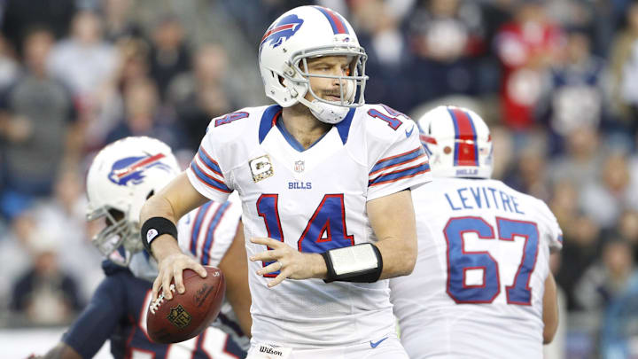 Nov 11, 2012; Foxborough, MA, USA; Buffalo Bills quarterback Ryan Fitzpatrick (14) looks to pass the