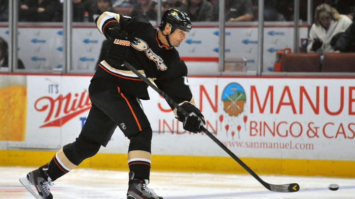April 17, 2013; Anaheim, CA, USA; Anaheim Ducks defenseman Sheldon Souray (44) shoots the puck against the Columbus Blue Jackets during the second period at Honda Center. Mandatory Credit: Gary A. Vasquez-USA TODAY Sports