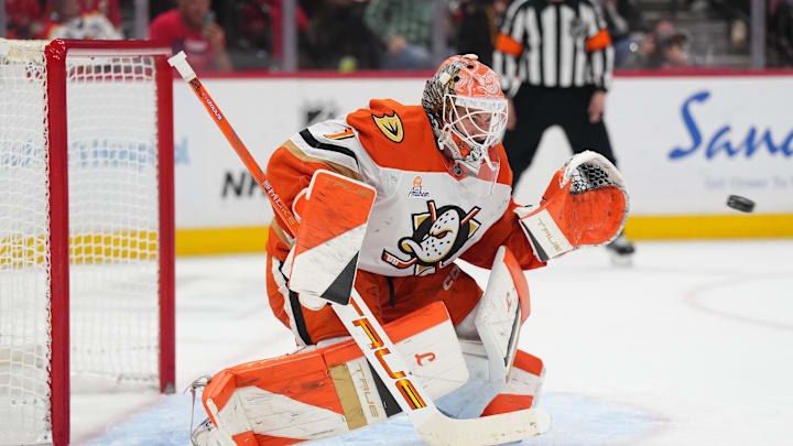 Oct 28, 2025; Sunrise, Florida, USA; Anaheim Ducks goaltender Lukas Dostal (1) makes a save against the Florida Panthers during the second period at Amerant Bank Arena. Mandatory Credit: Jim Rassol-Imagn Images