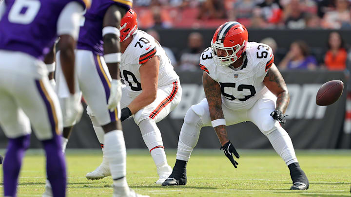 Cleveland Browns center Nick Harris (53) snaps the ball during the first half of an NFL preseason football game against the Minnesota Vikings at Cleveland Browns Stadium, Saturday, Aug. 17, 2024, in Cleveland, Ohio. Cleveland Browns center Nick Harris (53) snaps the ball during the first half of an NFL preseason football game against the Minnesota Vikings at Cleveland Browns Stadium, Saturday, Aug. 17, 2024, in Cleveland, Ohio.