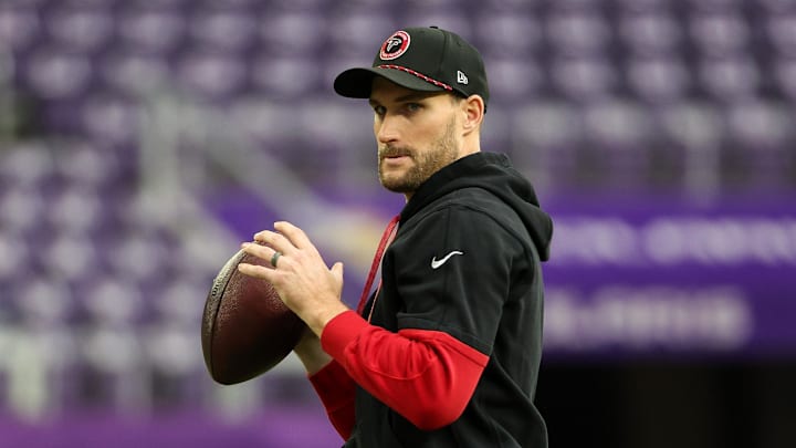 Dec 8, 2024; Minneapolis, Minnesota, USA; Atlanta Falcons quarterback Kirk Cousins (18) warms up before the game against the Minnesota Vikings at U.S. Bank Stadium. Mandatory Credit: Matt Krohn-Imagn Images