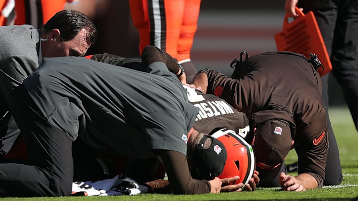 Cleveland Browns quarterback Deshaun Watson is checked on by medical staff after an injury during a game against the Cincinnati Bengals on Oct. 20, 2024, in Cleveland, Ohio. Cleveland Browns quarterback Deshaun Watson is checked on by medical staff after an injury during a game against the Cincinnati Bengals on Oct. 20, 2024, in Cleveland, Ohio.