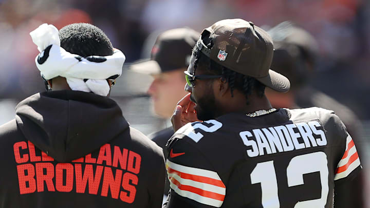Cleveland Browns quarterback Shedeur Sanders (12) chats on the sideline during the second half of an NFL football game at Huntington Bank Field, Sept. 7, 2025, in Cleveland, Ohio. Cleveland Browns quarterback Shedeur Sanders (12) chats on the sideline during the second half of an NFL football game at Huntington Bank Field, Sept. 7, 2025, in Cleveland, Ohio.