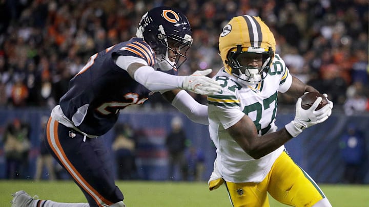 Green Bay Packers wide receiver Romeo Doubs (87) catches a pass in front of Chicago Bears cornerback Nahshon Wright (26) during their wild-card playoff football game Saturday, January 10, 2026, at Soldier Field in Chicago, Illinois. 
Wm. Glasheen /USA TODAY NETWORK-Wisconsin.