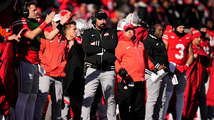 Ohio State Buckeyes head coach Ryan Day watches during the first half of the NCAA football game against the Michigan Wolverines at Ohio Stadium in Columbus on Saturday, Nov. 30, 2024.