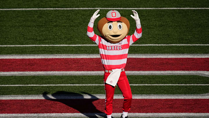 Ohio State Buckeyes mascot Brutus leads the marching band onto the field prior to the NCAA football game against the Michigan Wolverines at Ohio Stadium in Columbus on Tuesday, Dec. 3, 2024.