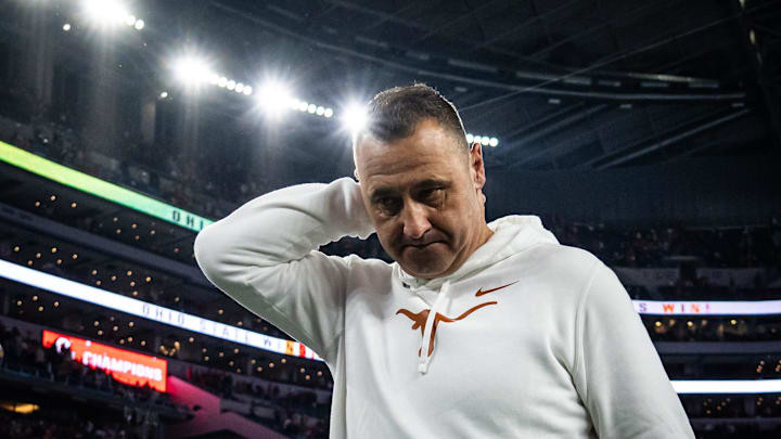 Texas coach Steve Sarkisian reacts as he heads to the locker room after his team's loss to Ohio State in the 2025 Cotton Bowl at A&T Stadium in Dallas.