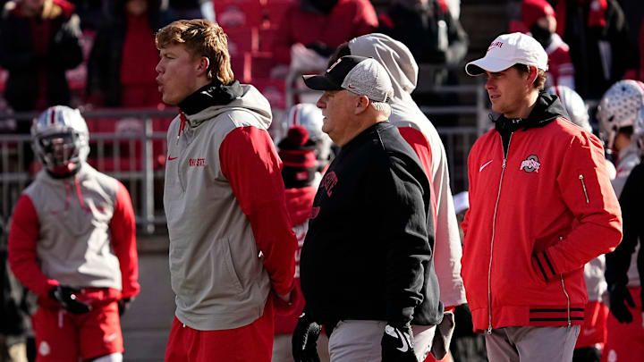 Ohio State Buckeyes offensive coordinator Chip Kelly watches warm ups prior to the NCAA football game against the Michigan Wolverines at Ohio Stadium in Columbus on Saturday, Nov. 30, 2024. Ohio State Buckeyes offensive coordinator Chip Kelly watches warm ups prior to the NCAA football game against the Michigan Wolverines at Ohio Stadium in Columbus on Saturday, Nov. 30, 2024.