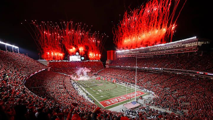 Fireworks go off as the Ohio State football team takes the field prior to a game against Penn State Nittany Lions at Ohio Stadium on Oct. 30, 2021.