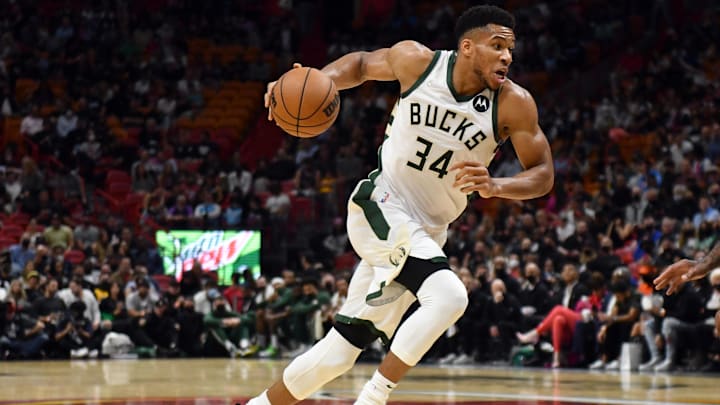 Dec 8, 2021; Miami, Florida, USA; Milwaukee Bucks forward Giannis Antetokounmpo (34) drives to the basket against the Miami Heat in the first half at FTX Arena. Mandatory Credit: Jim Rassol-Imagn Images