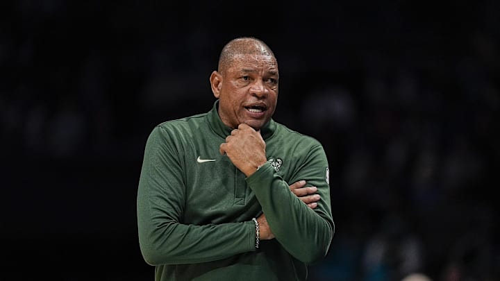 Nov 12, 2025; Charlotte, North Carolina, USA; Milwaukee Bucks head coach Doc Rivers during the second half against the Charlotte Hornets at Spectrum Center. Mandatory Credit: Jim Dedmon-Imagn Images