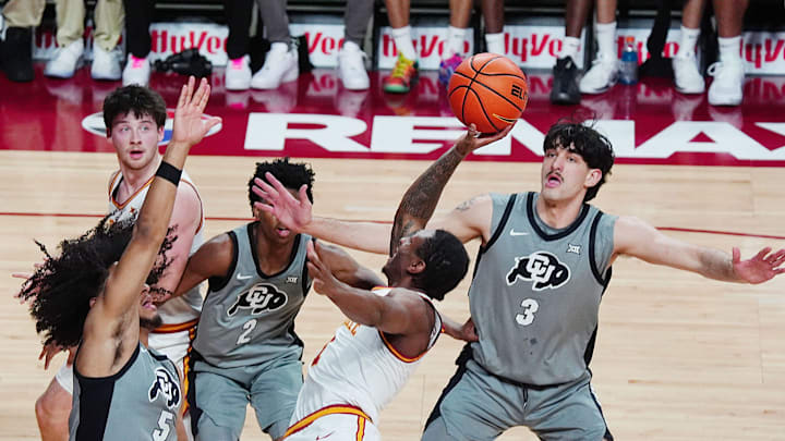 Iowa State Cyclones guard Jamarion Batemon (1) goes for a layup around Colorado Buffaloes guard Josiah Sanders (5), guard Isaiah Johnson (2), and guard Jon Mani (1) during the second half in the Big-12 men’s basketball on Jan. 29, 2026, at Hilton Coliseum in Ames, Iowa. Iowa State Cyclones guard Jamarion Batemon (1) goes for a layup around Colorado Buffaloes guard Josiah Sanders (5), guard Isaiah Johnson (2), and guard Jon Mani (1) during the second half in the Big-12 men’s basketball on Jan. 29, 2026, at Hilton Coliseum in Ames, Iowa.