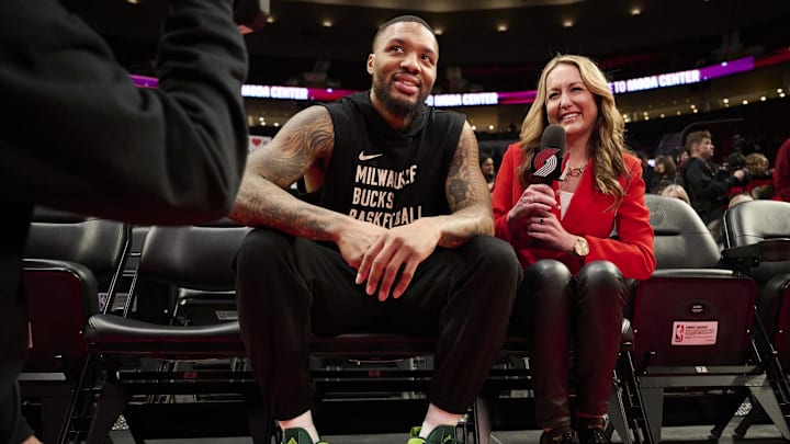 Jan 31, 2024; Portland, Oregon, USA; Milwaukee Bucks guard Damian Lillard (0) is interviewed before a game against the Portland Trail Blazers at Moda Center. Mandatory Credit: Troy Wayrynen-Imagn Images Jan 31, 2024; Portland, Oregon, USA; Milwaukee Bucks guard Damian Lillard (0) is interviewed before a game against the Portland Trail Blazers at Moda Center. Mandatory Credit: Troy Wayrynen-Imagn Images