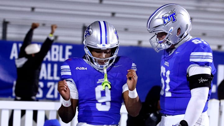 Middle Tennessee running back Jekail Middlebrook (9) celebrates his touchdown against the Jacksonville State with Middle Tennessee offensive lineman Otto Janse van Rensburg (61) during the football game at MTSU on Wednesday, October 29, 2025.