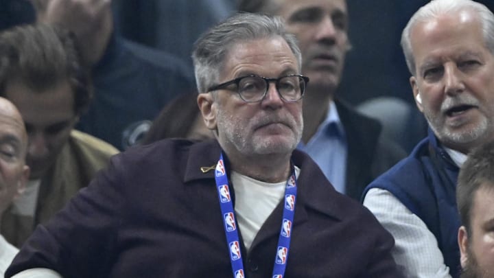Nov 15, 2025; Cleveland, Ohio, USA; Cleveland Cavaliers owner Dan Gilbert watches his team against the Memphis Grizzlies in the first quarter at Rocket Arena. Mandatory Credit: David Richard-Imagn Images