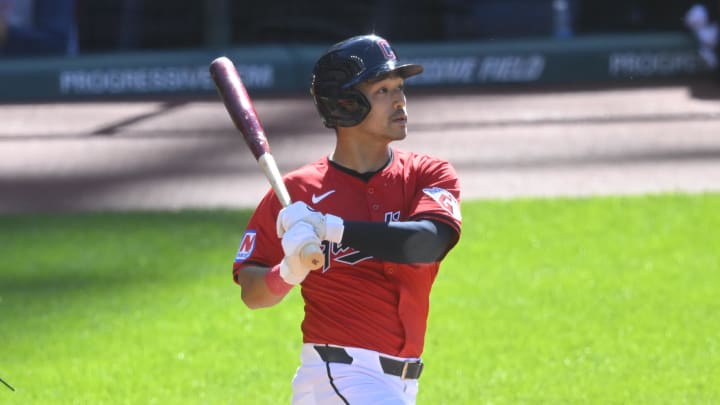 Jun 23, 2024; Cleveland, Ohio, USA; Cleveland Guardians left fielder Steven Kwan (38) singles in the eighth inning against the Toronto Blue Jays at Progressive Field.