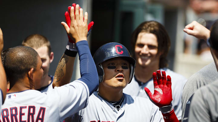 August 5, 2012; Detroit, MI, USA; Cleveland Indians right fielder Shin-Soo Choo (17) receives congratulations from teammates after hitting a home run during the third inning against the Detroit Tigers at Comerica Park. Mandatory Credit: Rick Osentoski-Imagn Images