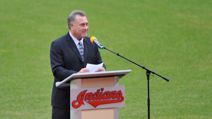 Apr 4, 2014; Cleveland, OH, USA; Cleveland Indians radio broadcaster Tom Hamilton speaks prior to a game against the Minnesota Twins at Progressive Field. Cleveland won 7-2. Mandatory Credit: David Richard-Imagn Images
