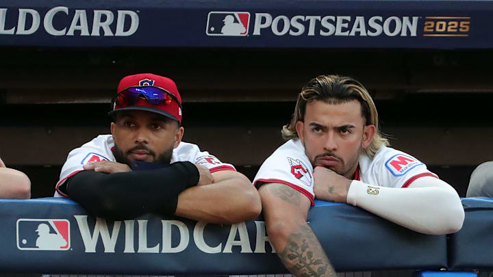 Cleveland Guardians shortstop Gabriel Arias, right, reacts as the Detroit Tigers near a win in Game 3 of the American League Wild Card Series at Progressive Field, Oct. 2, 2025, in Cleveland, Ohio.