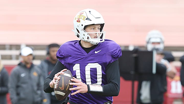 Iowa state Cyclones' quarterback JJ Kohl (10) looks for a run with the ball during the university's Spring Football game at Jack Trice Stadium Saturday, April 22, 2023, in Ames, IowaNcaa Football Iowa State Spring Football