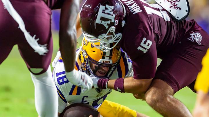Tigers Quarterback Garrett Nussmeier 18 is sacked as LSU Tigers take on the Texas A&M Aggies. October 25, 2025; Baton Rouge, Louisiana, USA; at Tiger Stadium. Saturday, Oct. 25, 2025. Tigers Quarterback Garrett Nussmeier 18 is sacked as LSU Tigers take on the Texas A&M Aggies. October 25, 2025; Baton Rouge, Louisiana, USA; at Tiger Stadium. Saturday, Oct. 25, 2025.