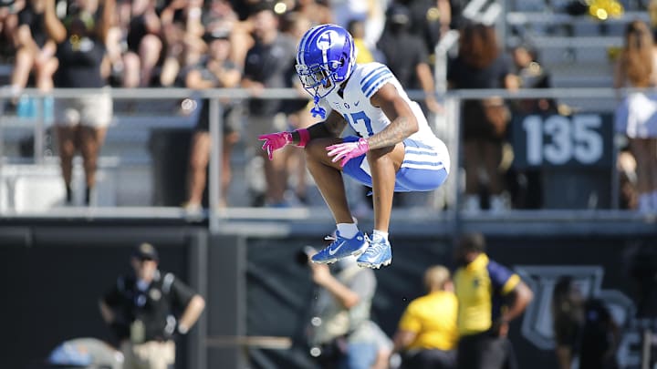 Oct 26, 2024; Orlando, Florida, USA;  Brigham Young Cougars wide receiver Keelan Marion (17) prepares to return a kick against the Central Florida Knights at FBC Mortgage Stadium. Mandatory Credit: Russell Lansford-Imagn Images