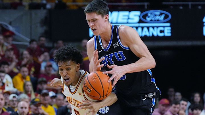 Iowa State Cyclones guard Curtis Jones (5) steals the ball from BYU Cougars's guard Egor Demin (3) during the first Over-time in the Big-12 men’s basketball in the Senior Day at Hilton Coliseum on March 4, 2025, in Ames, Iowa. Iowa State Cyclones guard Curtis Jones (5) steals the ball from BYU Cougars's guard Egor Demin (3) during the first Over-time in the Big-12 men’s basketball in the Senior Day at Hilton Coliseum on March 4, 2025, in Ames, Iowa.