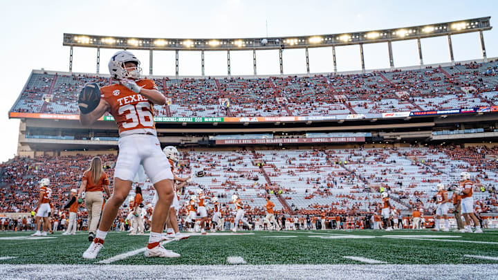 Texas Longhorns wide receiver Quinn Merritt (36) warms up ahead of the Texas Longhorns' game against the ULM Warhawks at Darrell K Royal Texas Memorial Stadium in Austin, Sept. 21, 2024. Texas Longhorns wide receiver Quinn Merritt (36) warms up ahead of the Texas Longhorns' game against the ULM Warhawks at Darrell K Royal Texas Memorial Stadium in Austin, Sept. 21, 2024.