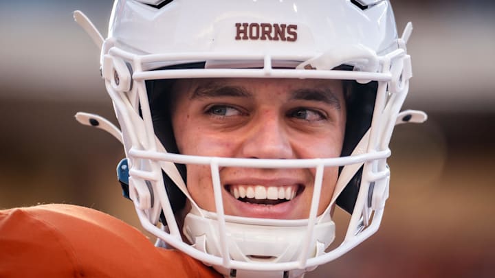 Texas Longhorns quarterback Arch Manning (16) warms up ahead of the Texas Longhorns' game against the ULM Warhawks at Darrell K Royal Texas Memorial Stadium. Texas Longhorns quarterback Arch Manning (16) warms up ahead of the Texas Longhorns' game against the ULM Warhawks at Darrell K Royal Texas Memorial Stadium.