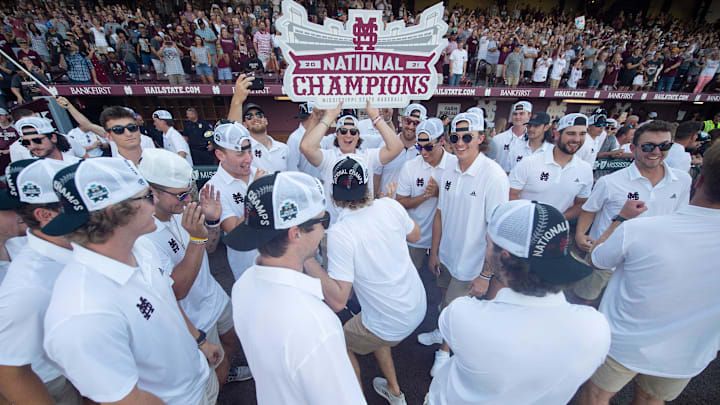 Mississippi State University's baseball players cheer during their 2021 Baseball National Championship ceremony at the Dudy Noble Field at Polk-Dement Stadium on Friday, July 2, 2021. Mississippi State University's baseball players cheer during their 2021 Baseball National Championship ceremony at the Dudy Noble Field at Polk-Dement Stadium on Friday, July 2, 2021.