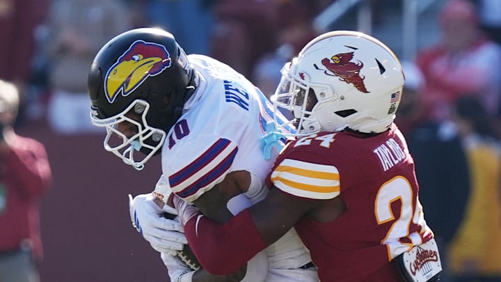 Kansas Jayhawks wide receiver Levi Wentz (10) gets tackle by Iowa State Cyclones' defensive back Quentin Taylor Jr. (24) after making a catch during the first quarter in the senior day on Nov. 22, 2025, at Jack Trice Stadium in Ames, Iowa Kansas Jayhawks wide receiver Levi Wentz (10) gets tackle by Iowa State Cyclones' defensive back Quentin Taylor Jr. (24) after making a catch during the first quarter in the senior day on Nov. 22, 2025, at Jack Trice Stadium in Ames, Iowa