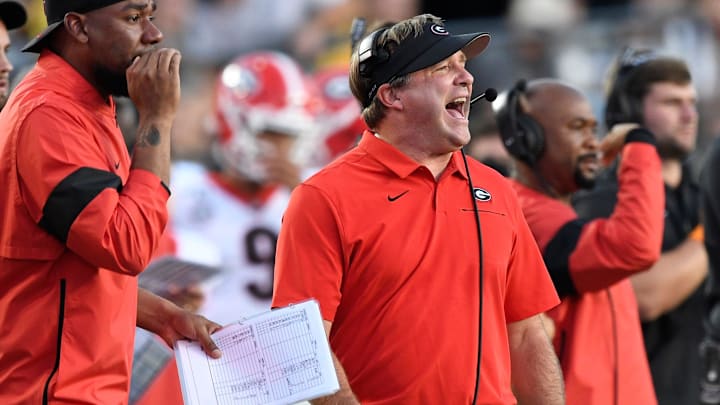 Georgia head coach Kirby Smart yells instructions during the first half at Vanderbilt Stadium in Nashville, Tenn., Saturday, Aug. 31, 2019.

An59091
