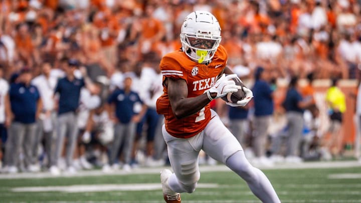 Texas Longhorns wide receiver Johntay Cook II (1) runs the ball in for the Longhorns' second touchdown in the first quarter of the game against the UTSA Roadrunners at Darrell K RoyalÐTexas Memorial Stadium, Saturday, Sept. 14, 2024.
