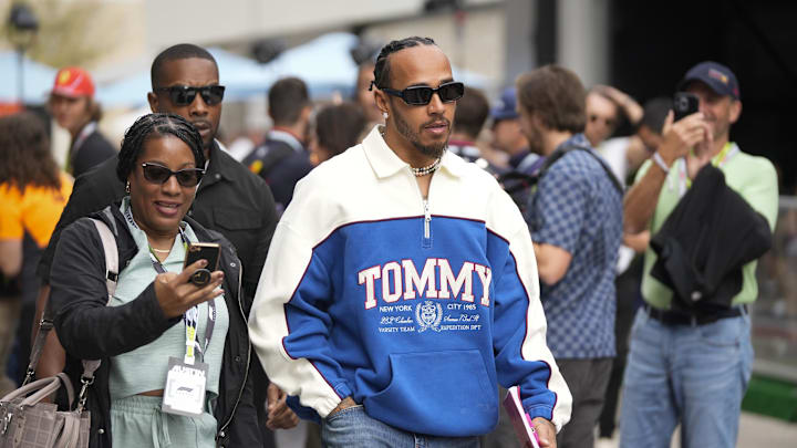 Oct 20, 2024; Austin, Texas, USA; Mercedes AMG Petronas Motorsport driver Lewis Hamilton of Team Great Britain arrives at the Formula 1 Pirelli United States Grand Prix at Circuit of the Americas. Mandatory Credit: Jay Janner-Imagn Images