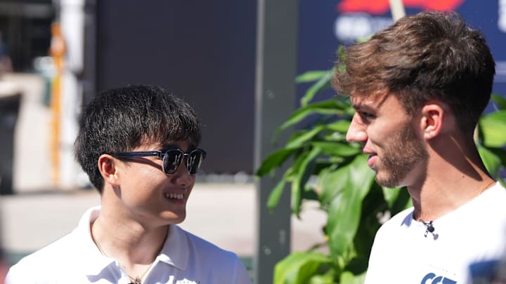 AlphaTauri drivers Yuki Tsunoda and Pierre Gasly react to scoring the same amount of points on ESPN's longest drive challenge during preparation day for F1 at Circuit of the Americas on Thursday, Oct. 20, 2022.
Formula One Mlc 00179 AlphaTauri drivers Yuki Tsunoda and Pierre Gasly react to scoring the same amount of points on ESPN's longest drive challenge during preparation day for F1 at Circuit of the Americas on Thursday, Oct. 20, 2022.
Formula One Mlc 00179