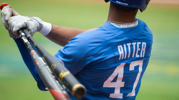 Former Kentucky Wildcats Ryan Ritter (47) warms up on deck during the SEC baseball tournament at Hoover Metropolitan Stadium in Hoover, Ala., on Wednesday, May 25, 2022. Kentucky Wildcats defeated Auburn Tigers 3-1.