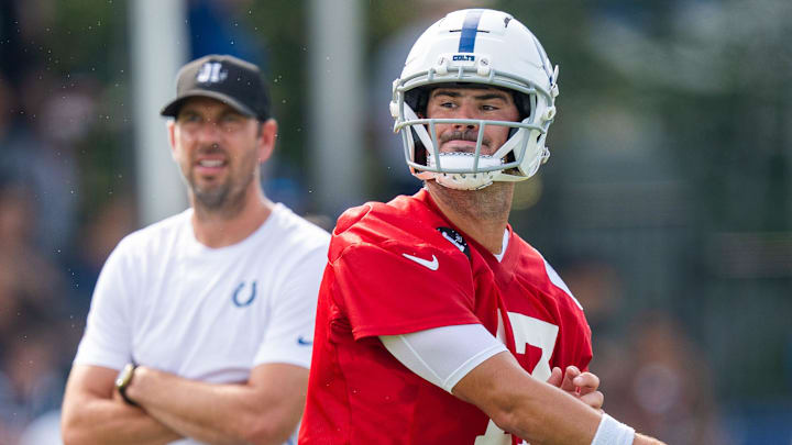 Indianapolis Colts quarterback Daniel Jones (17) throws Friday, July 25, 2025, during training camp held at Grand Park in Westfield. Indianapolis Colts quarterback Daniel Jones (17) throws Friday, July 25, 2025, during training camp held at Grand Park in Westfield.