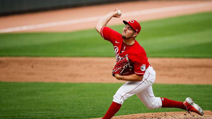 Cincinnati Reds starting pitcher Trevor Bauer (27) delivers the ball in the day baseball game against Pittsburgh Pirates  on Monday, Sept. 14, 2020, at Great American Ball Park in Cincinnati. Reds win 3-1.