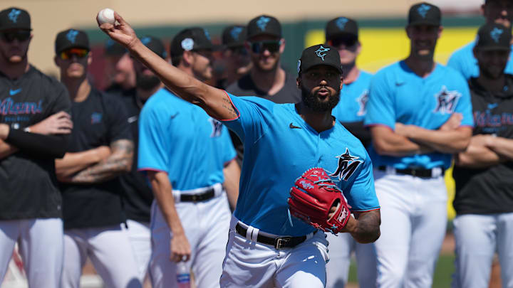Jupiter, Florida, USA; Miami Marlins starting pitcher Sandy Alcantara (22) warms-up before the game against the New York Mets at Roger Dean Stadium.