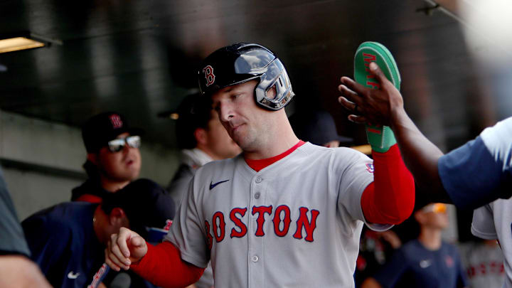 Sep 10, 2025; West Sacramento, California, USA; Boston Red Sox third baseman Alex Bregman (2) is congratulated by teammates after scoring a run against the Athletics during the third inning at Sutter Health Park. Mandatory Credit: Dennis Lee-Imagn Images Sep 10, 2025; West Sacramento, California, USA; Boston Red Sox third baseman Alex Bregman (2) is congratulated by teammates after scoring a run against the Athletics during the third inning at Sutter Health Park. Mandatory Credit: Dennis Lee-Imagn Images
