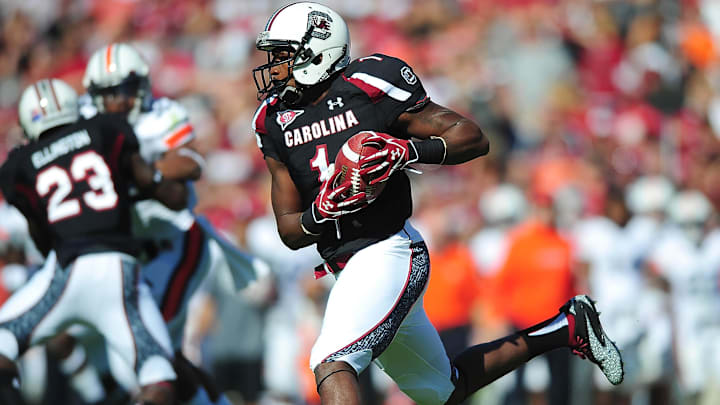 Oct 1, 2011; Columbia, SC, USA; South Carolina Gamecocks wide receiver Alshon Jeffery (1) against the Auburn Tigers at Williams-Brice Stadium. Mandatory Credit: Andrew Weber-Imagn Images
