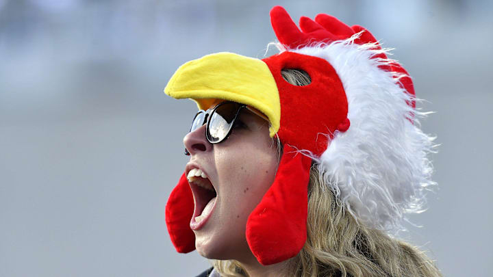 Anna Catherine Parham, a Gamecocks fan and an attorney from Columbia, SC wears her rooster hat as she cheers on her team during Friday's Gator Bowl. The University of Notre Dame Fighting Irish took on the University of South Carolina Gamecocks in the TaxSlayer Gator Bowl game in Jacksonville, Florida's TIAA Bank Field Friday, December 30, 2022. The first half ended with South Carolina holding a 24 to 17 lead. [Bob Self/Florida Times-Union]

Jki 123022 Bs Gatorbowl 37