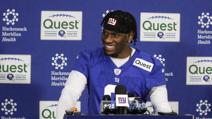 East Rutherford , NJ — May 10, 2024 -- The number one draft pick for the Giants is wide receiver Malik Nabers as the NY Giants hold their Rookie Camp and introduce their new draft picks. East Rutherford , NJ — May 10, 2024 -- The number one draft pick for the Giants is wide receiver Malik Nabers as the NY Giants hold their Rookie Camp and introduce their new draft picks.